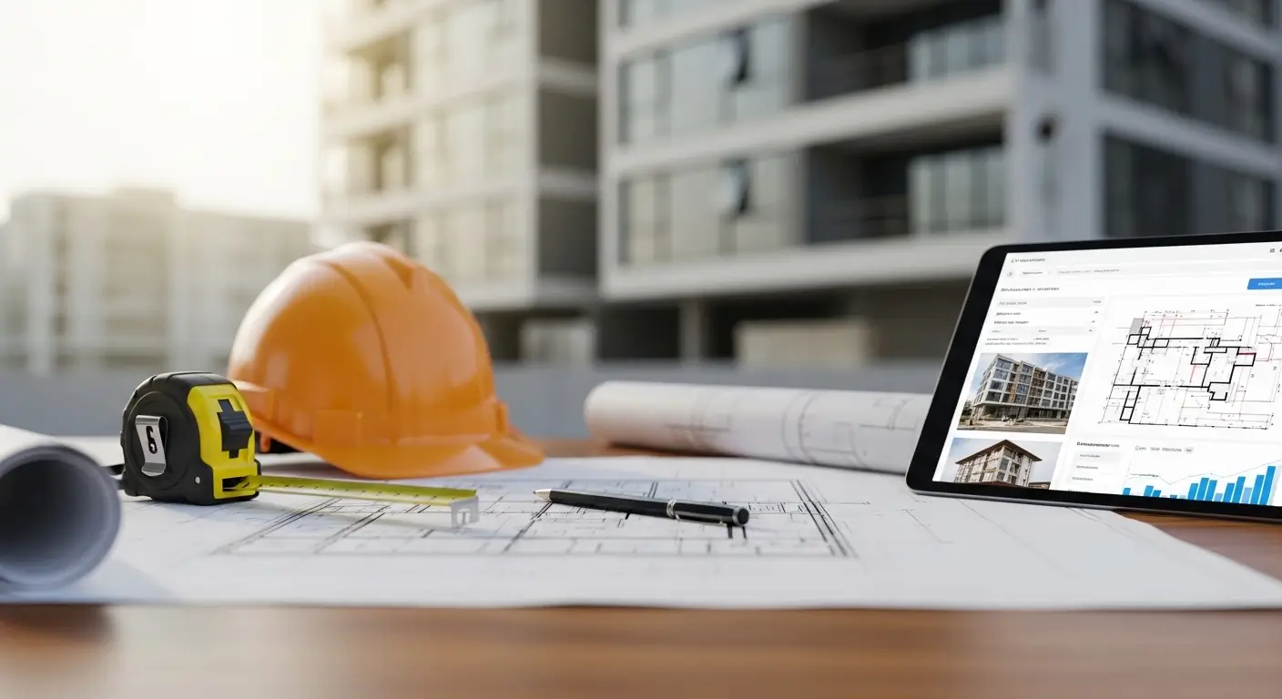 Blueprints, capacete e equipamentos de medição em primeiro plano com obra ao fundo desfocada representando gerenciamento técnico de obra.