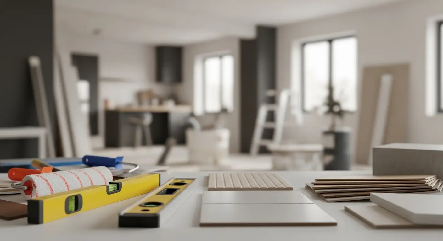 Ferramentas de reforma organizadas em primeiro plano com ambiente interno em renovação ao fundo desfocado.